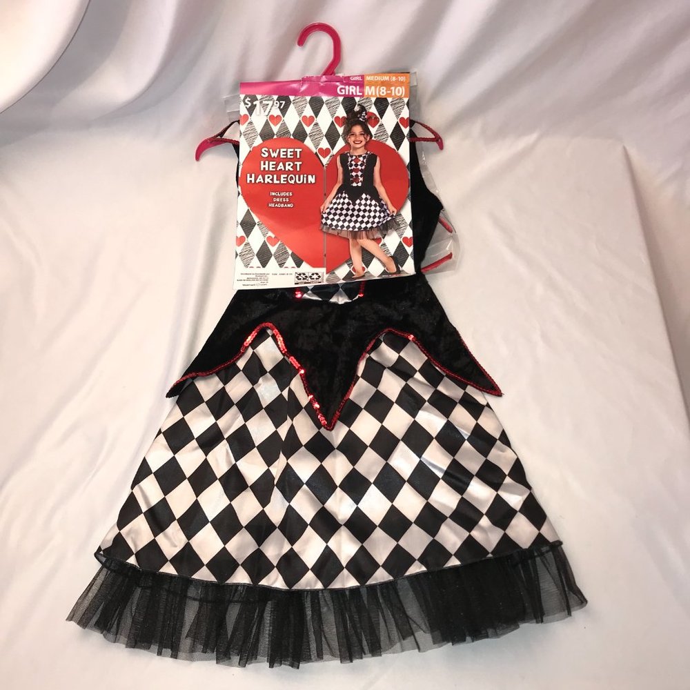Halloween Sweet Heart Harlequin Costume Dress Hairbow Girl's M 8-10 Palamon NEW